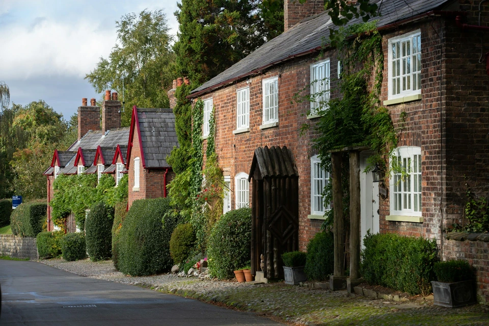 Traditional brick houses on a village street.